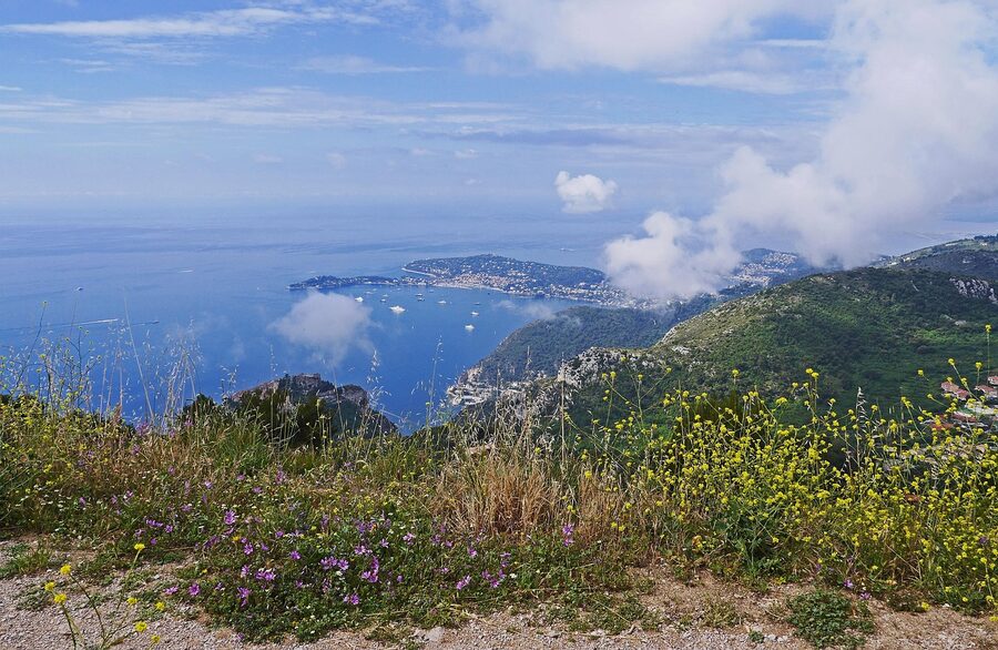 View from the Grande Corniche over the Mediterranean coast and Cap Ferrat near Nice