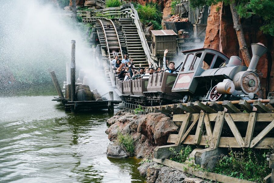 Big Thunder Mountain Railroad in motion with water splash