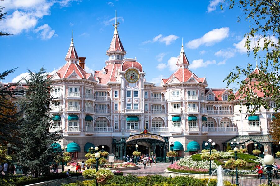 Disneyland Hotel pink facade at Disneyland Paris park gates