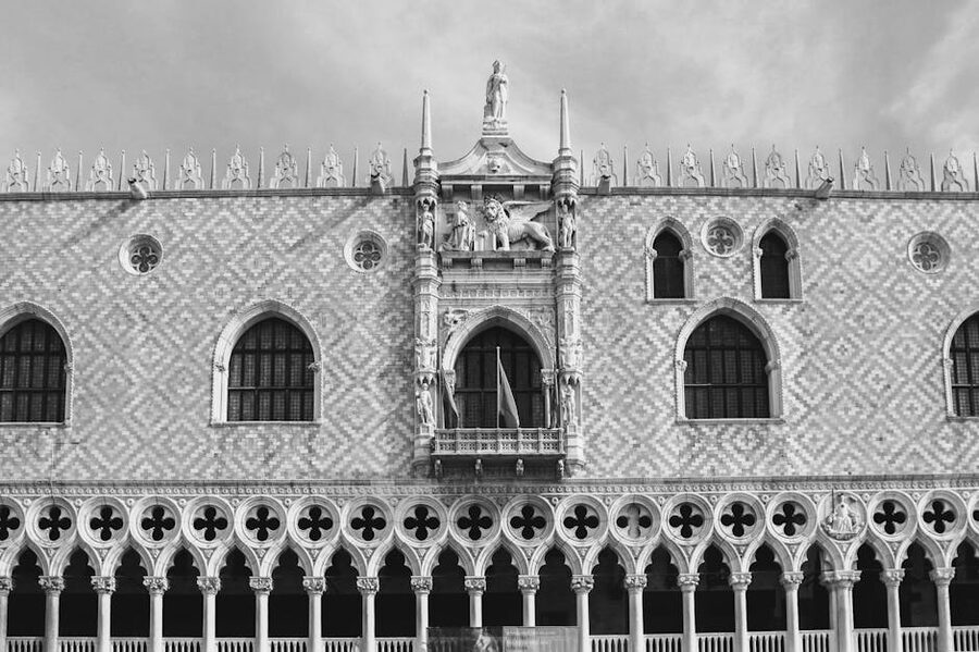 Doges Palace colonnade in black and white Venice