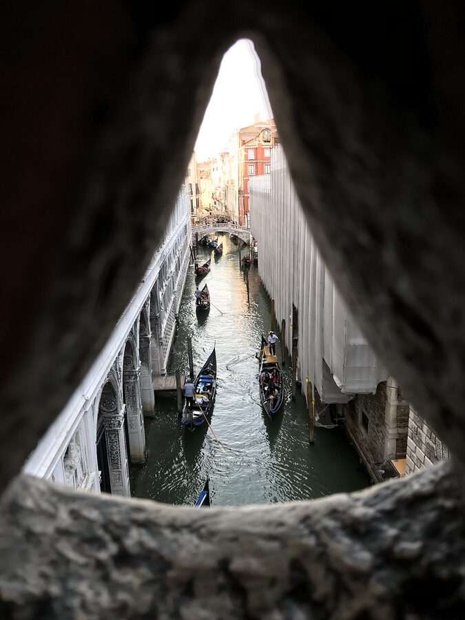 View from inside Bridge of Sighs looking onto Rio di Palazzo Venice