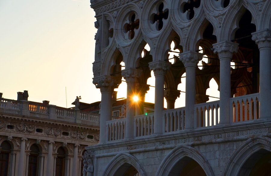 Doges Palace evening sunbeam over St Marks Square Venice
