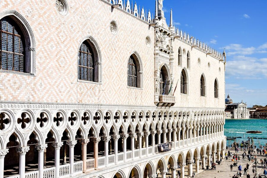 Doges Palace Venetian Gothic facade pink stone