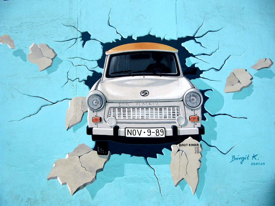 Trabant breakthrough mural at the East Side Gallery Berlin Wall