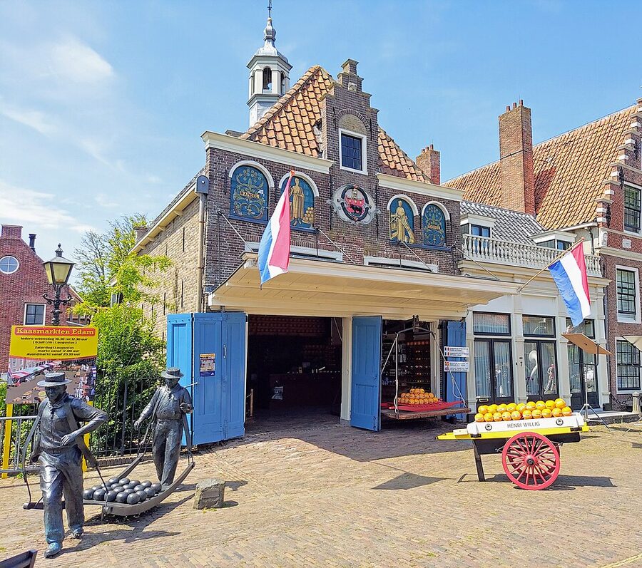 Edam cheese market with traders carrying wheels on stretchers