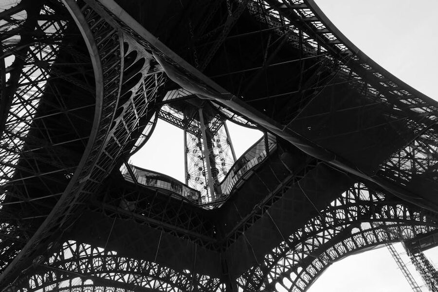 Eiffel Tower iron lattice from below in black and white