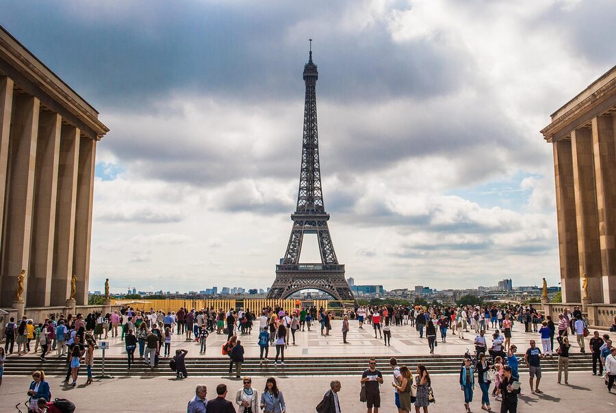 Eiffel Tower viewed from below the four base columns