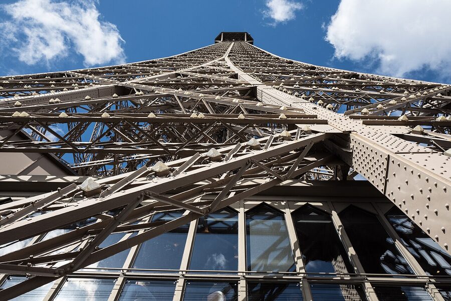 Looking up from the Eiffel Tower second floor toward the summit