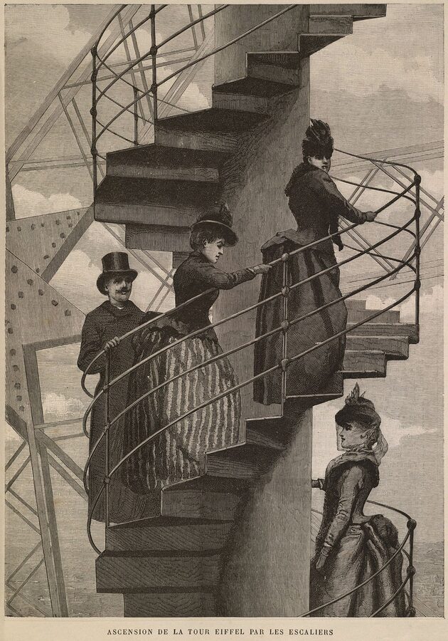 1889 illustration of climbing the Eiffel Tower stairs