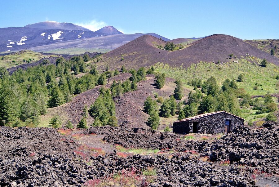 House on Mount Etna's slopes with volcanic soil vineyards