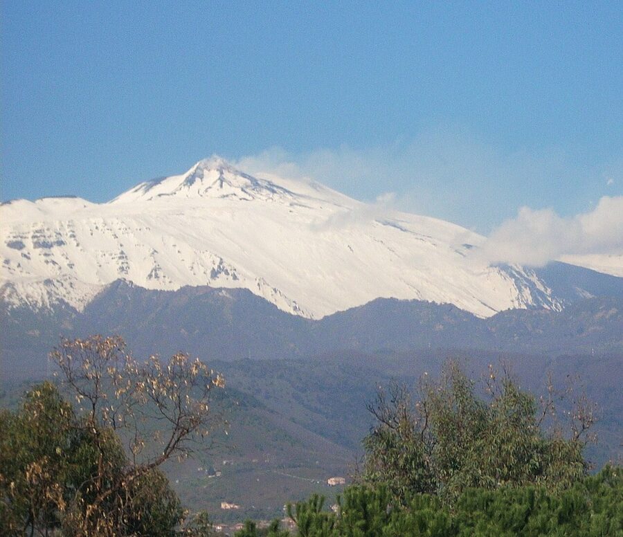 Mount Etna snow-topped from distance in winter