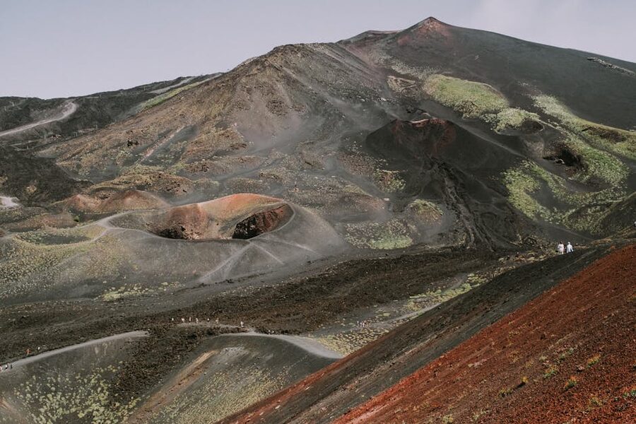 Mount Etna's red and black volcanic terrain on the southern slope