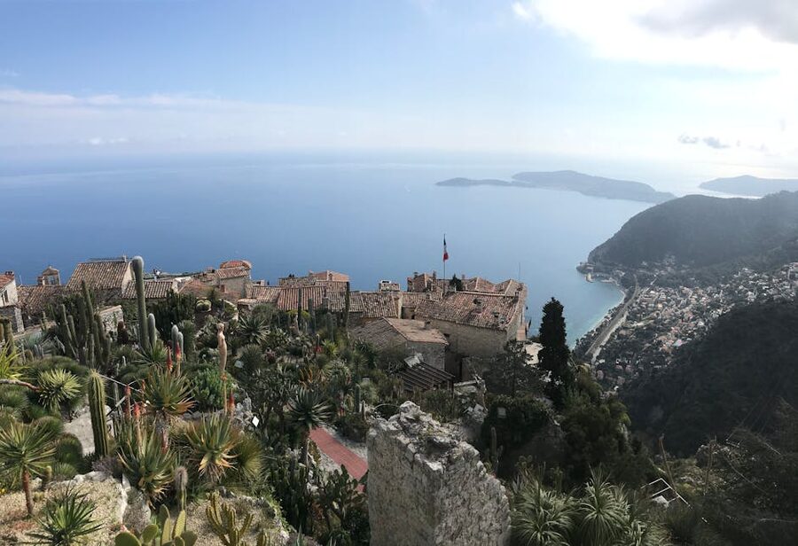 Aerial view of Èze village on its 427m crag above the Mediterranean