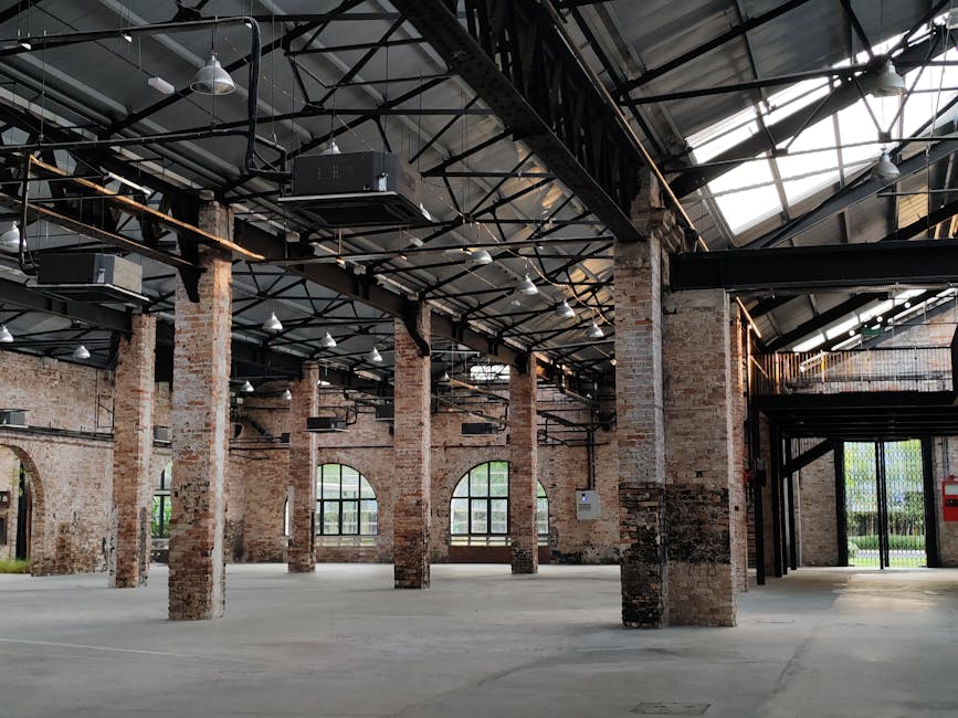 Industrial brick warehouse interior with steel framework