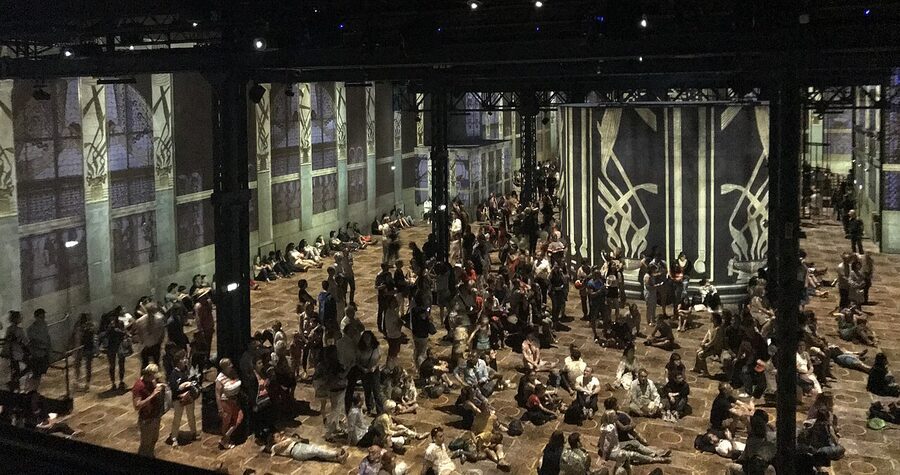 Overhead view of Klimt projection across floor and walls of an immersive venue
