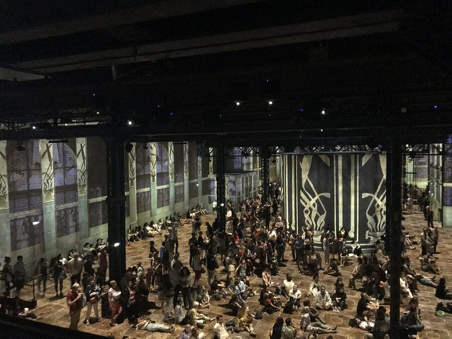 Industrial interior of an immersive projection venue between shows