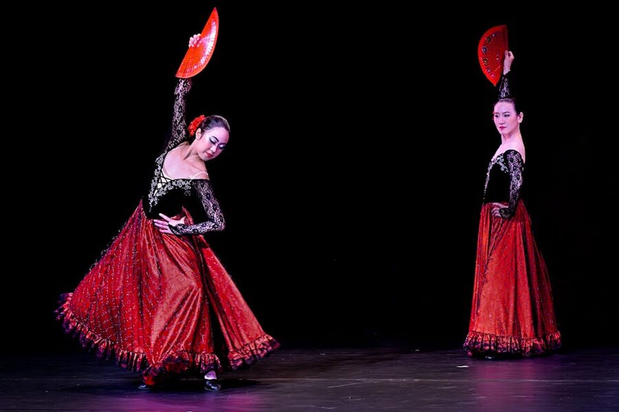 Flamenco dancers performing with fans