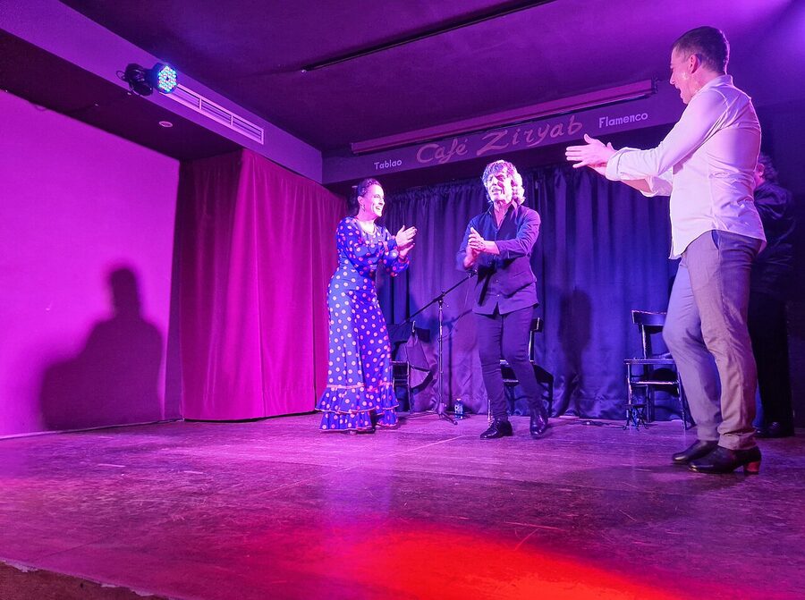 Audience and performers clapping palmas at a Madrid flamenco show