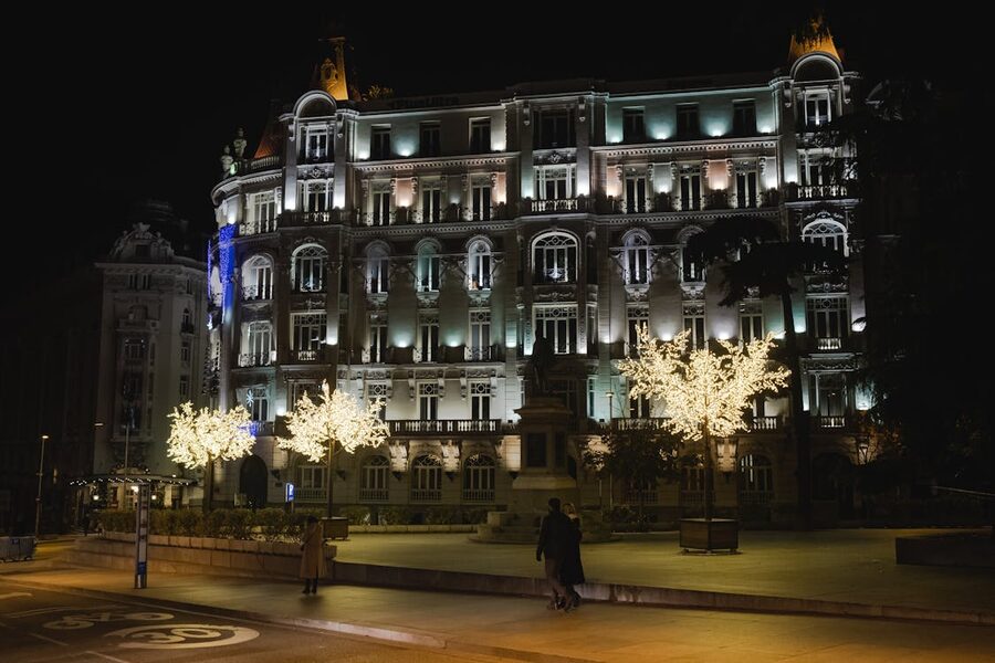 Illuminated old town building at night in Madrid
