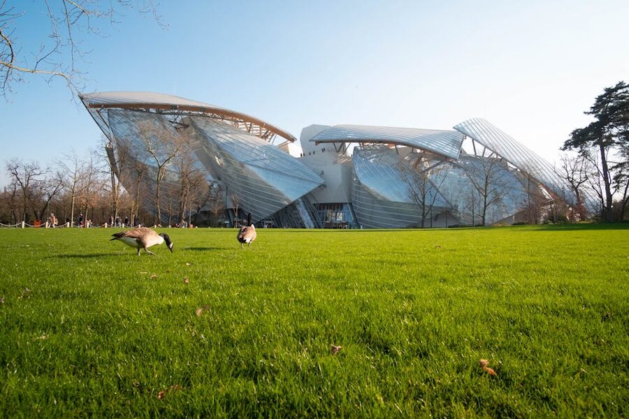 Detailed view of the architecture of the Louis Vuitton Foundation in Paris
