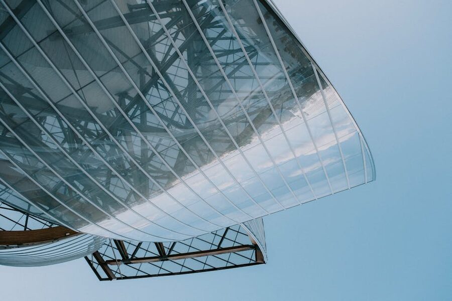 Low angle view of glass facade at the Louis Vuitton Foundation Paris
