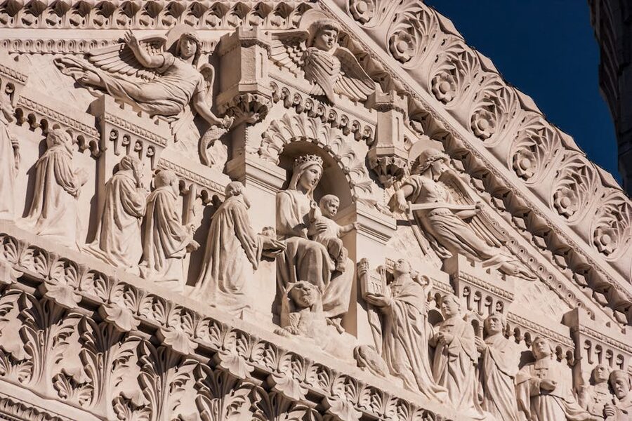 Detail of Notre-Dame de Fourviere basilica facade carving