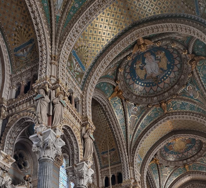 Interior of Notre-Dame de Fourviere basilica with mosaics and ceiling paintings, Lyon