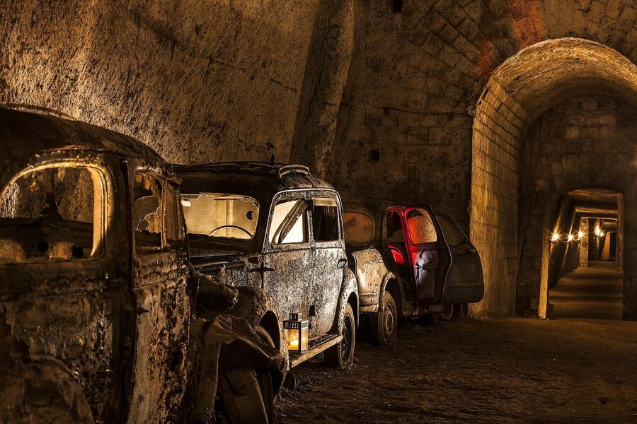 Vintage 1950s Fiat cars in Galleria Borbonica Naples tunnel