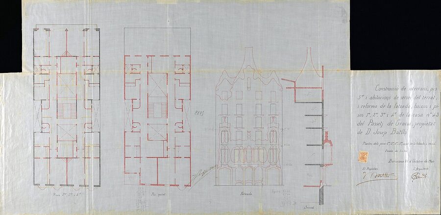 Gaudi 1904 original blueprints for Casa Batllo project