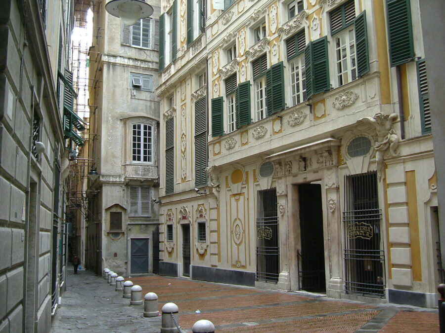 Narrow carruggi alleys in the old town of Genoa