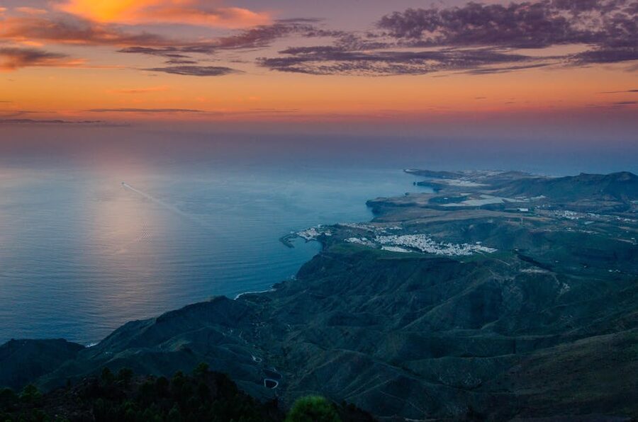 Aerial view of the Gran Canaria coastline at sunset