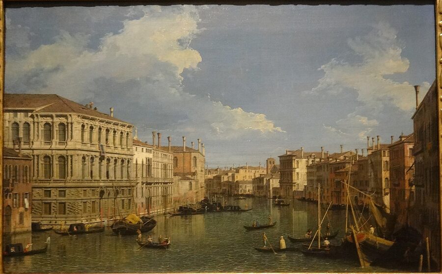 Painting of the Grand Canal in Venice looking northwest with palazzi and small boats