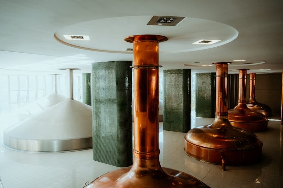 Modern brewery copper tanks Pilsen Czech Republic