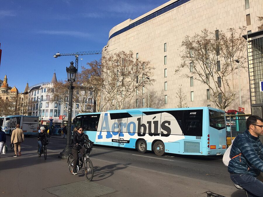 Aerobus airport bus parked at Plaça Catalunya Barcelona