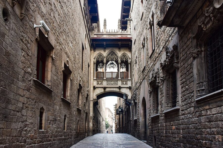 Narrow cobblestone alley Barcelona Gothic Quarter