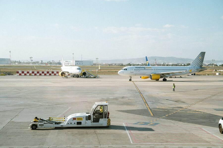 Vueling plane on El Prat airport runway Barcelona