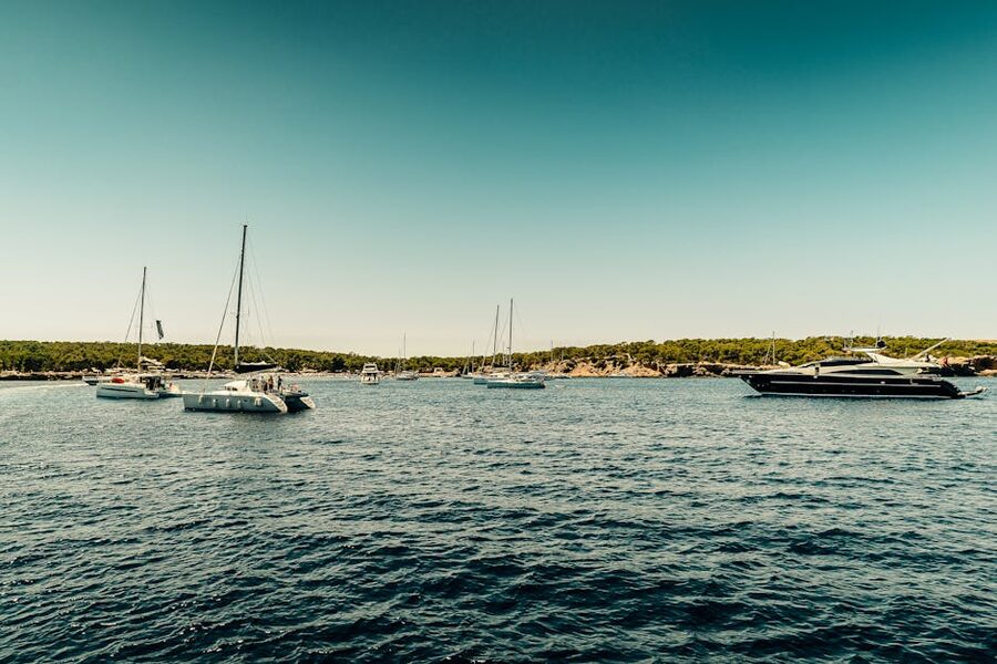 Sailboats and yachts on the clear Ibiza waters under a bright sky