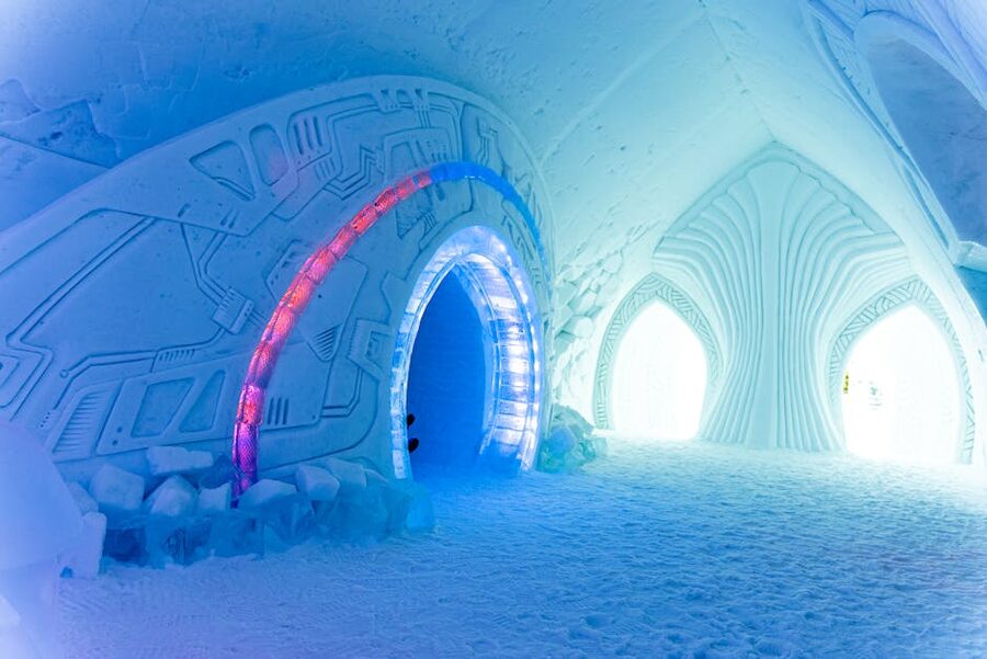 Stunning interior of an ice-walled room with frozen architectural detail