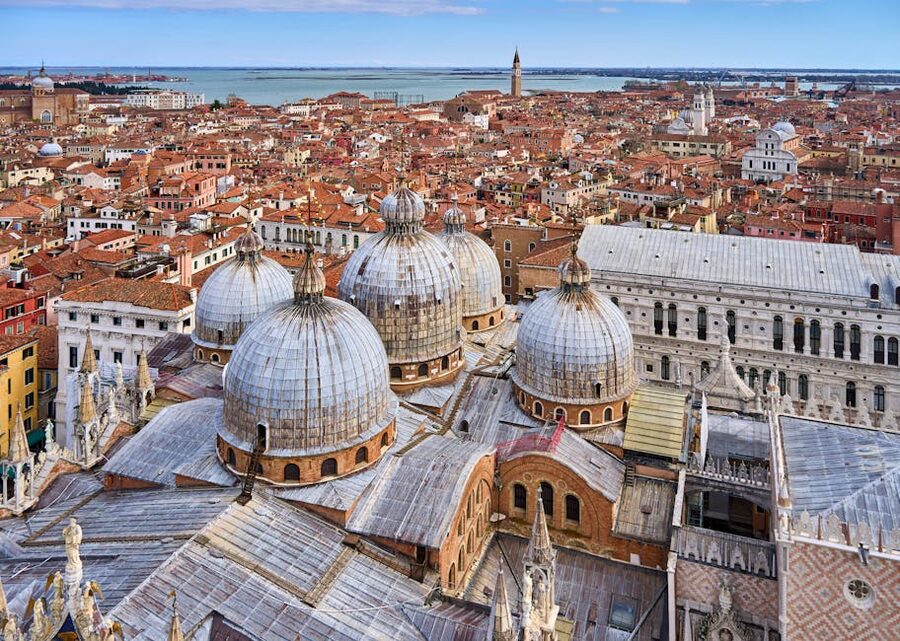 Aerial view of the domes of St Mark's Basilica in Venice