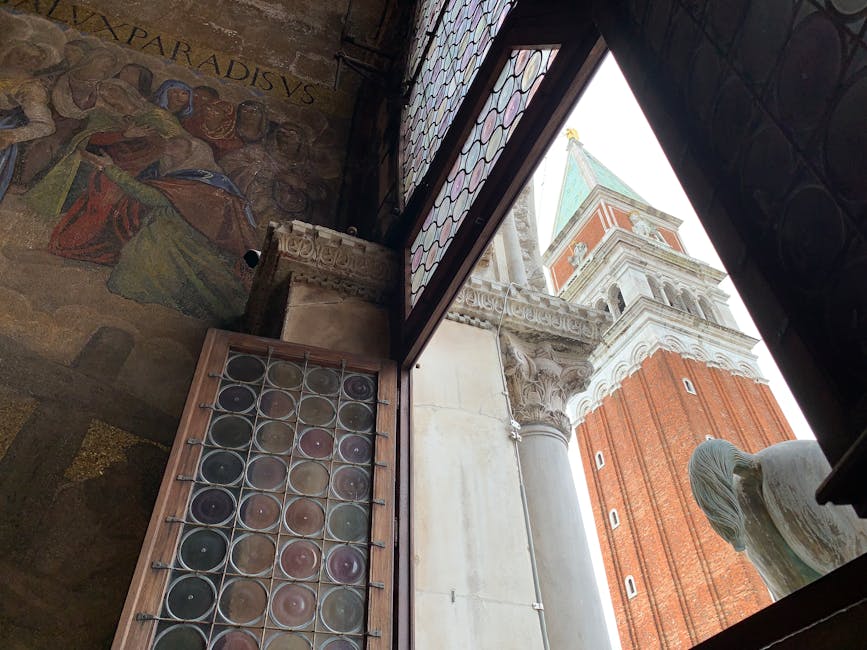 Interior of St Mark's Basilica showing mosaic art and the Campanile