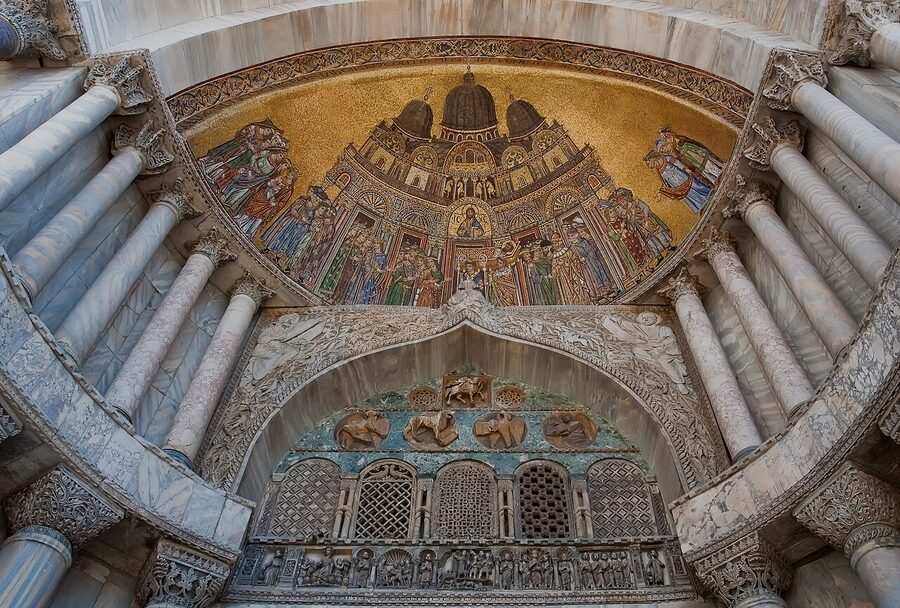 San Alipio facade door of St Mark's Basilica with original 13th century mosaic