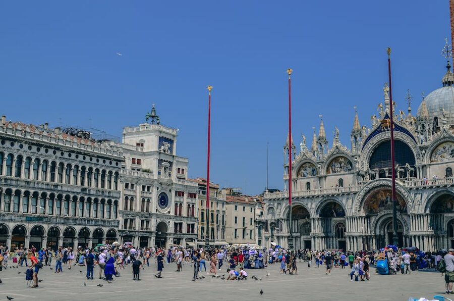 Crowded St Mark's Square with Basilica San Marco in Venice