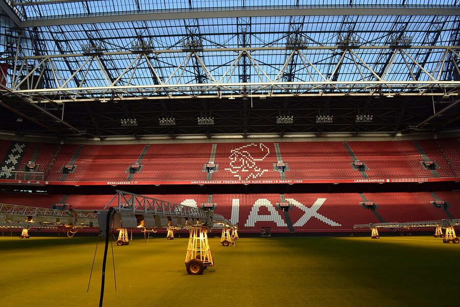 The press room inside the Johan Cruijff Arena where post-match interviews are held