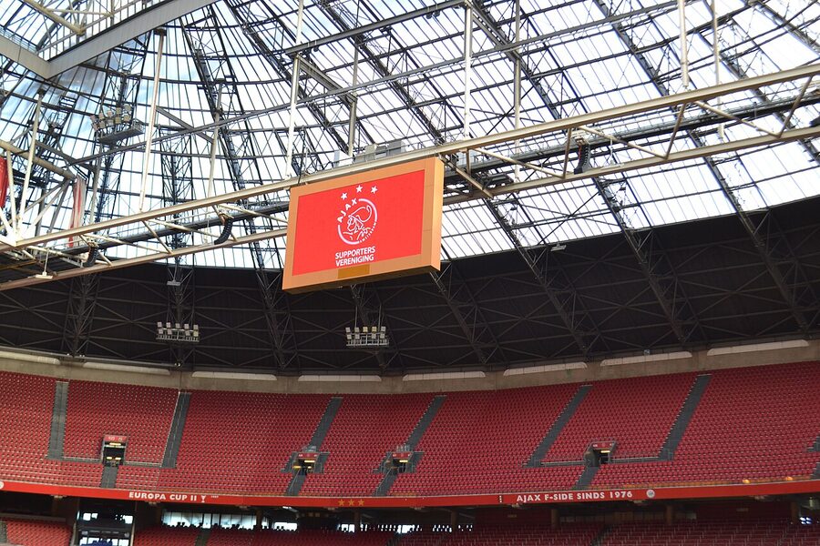 Looking up at the stands and roof from inside the Johan Cruijff Arena