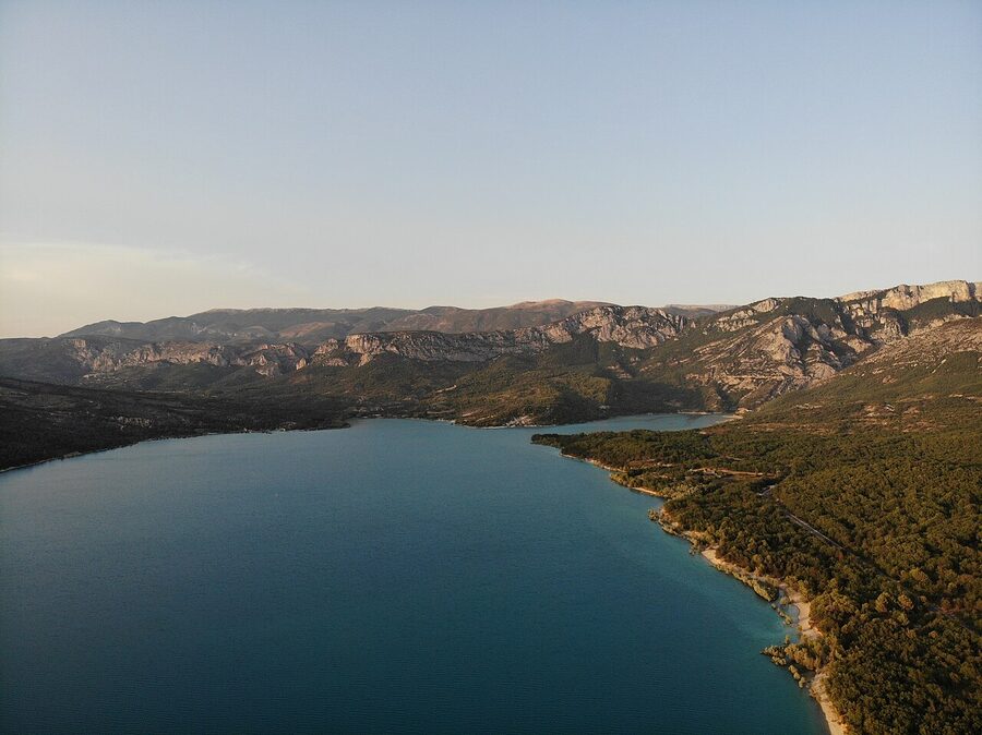 Aerial view of Lac de Sainte-Croix at the western end of the Verdon Gorge