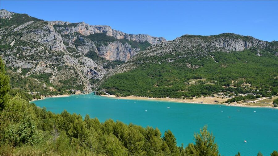 Aerial view of Lac de Sainte-Croix near Aiguines on the southern shore