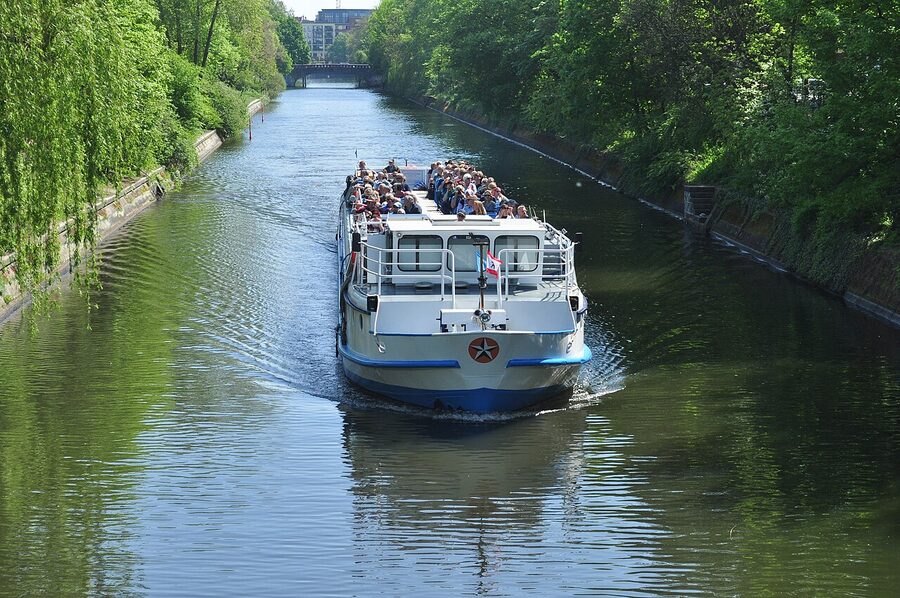 Boat on the Landwehrkanal Berlin Kreuzberg looking southeast