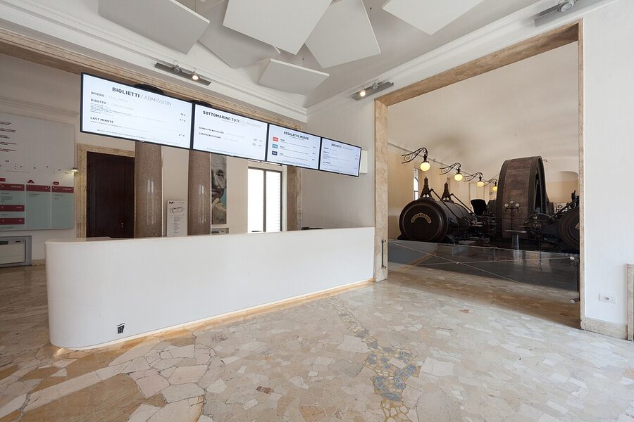 Entrance and ticket hall of the Leonardo museum Milan with Regina Margherita power plant