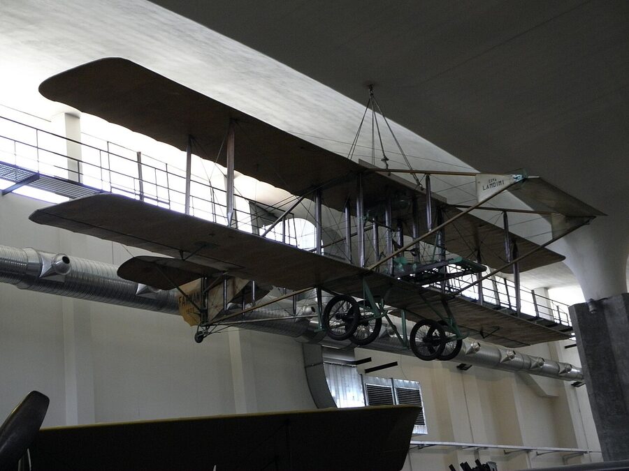 Farman 1909 biplane replica in the Leonardo Museum Milan aviation pavilion