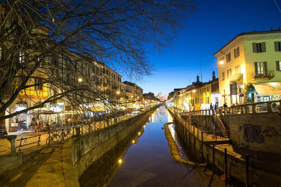 Milan Navigli canals lit at night